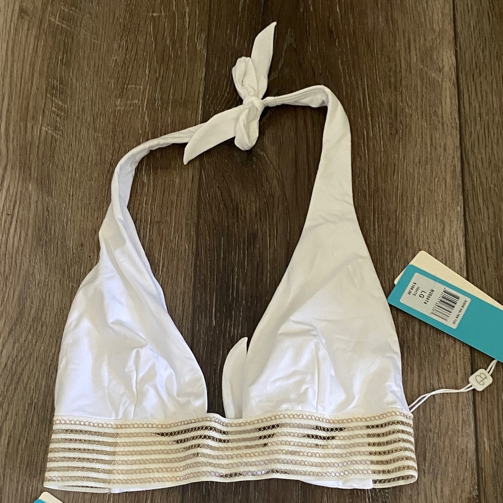 NWT Beach Bunny White and Gold Bikini 2 piece set 
Halter top (L)
Bottoms (XL)